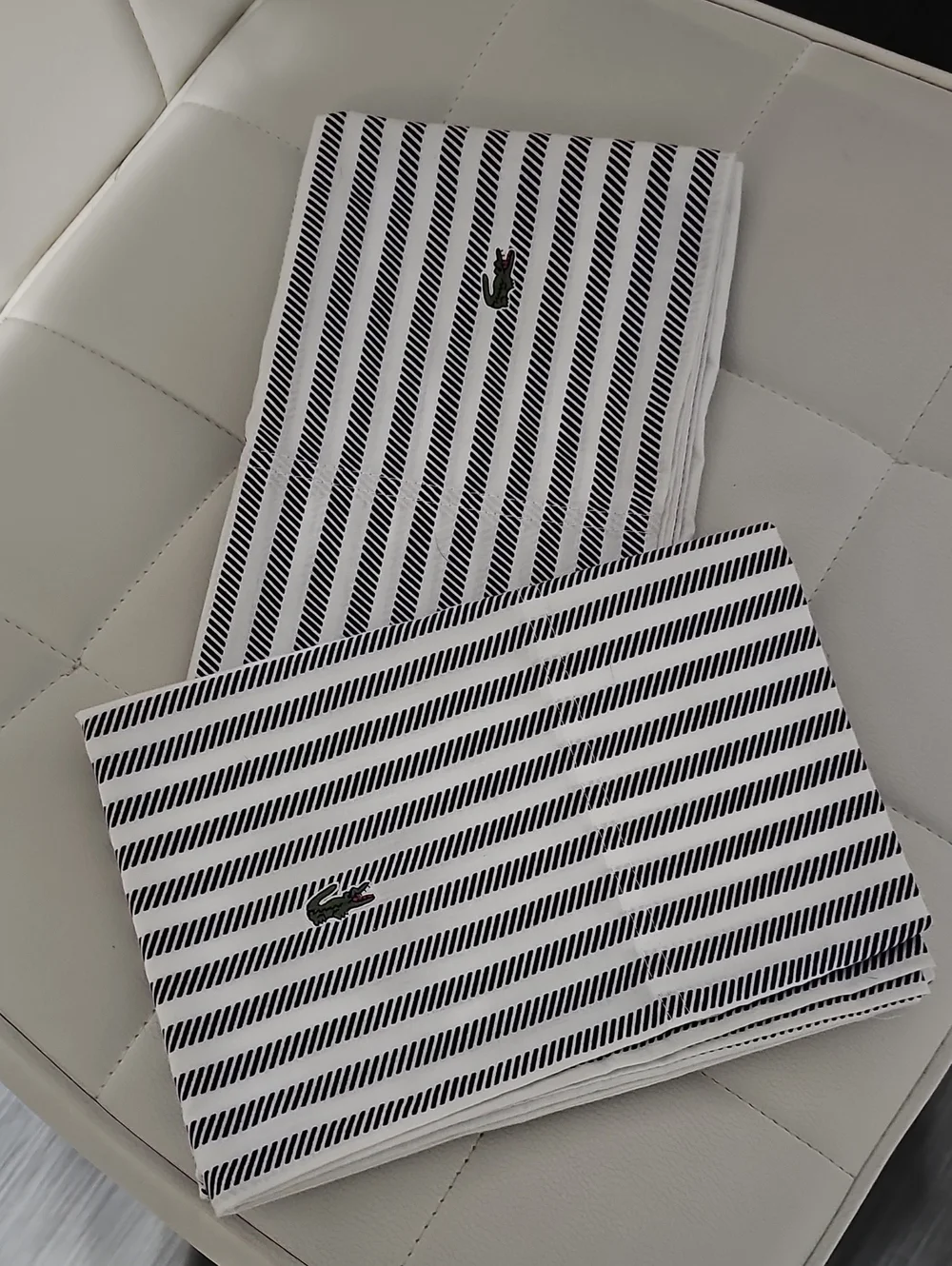 Lacoste Navy and White Striped Cotton Pillowcases with Crocodile Tag